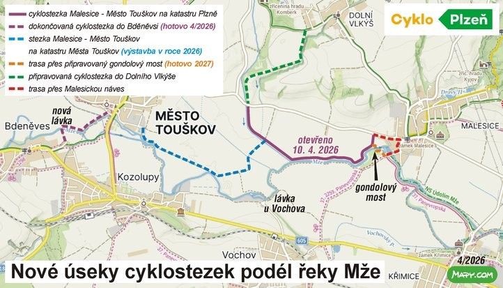 Nový úsek propojil cyklostezku z Malesic do Města Touškova. Fotografie: P. Eret 260410_Cyklo_Malesice_Touškov_Mapa